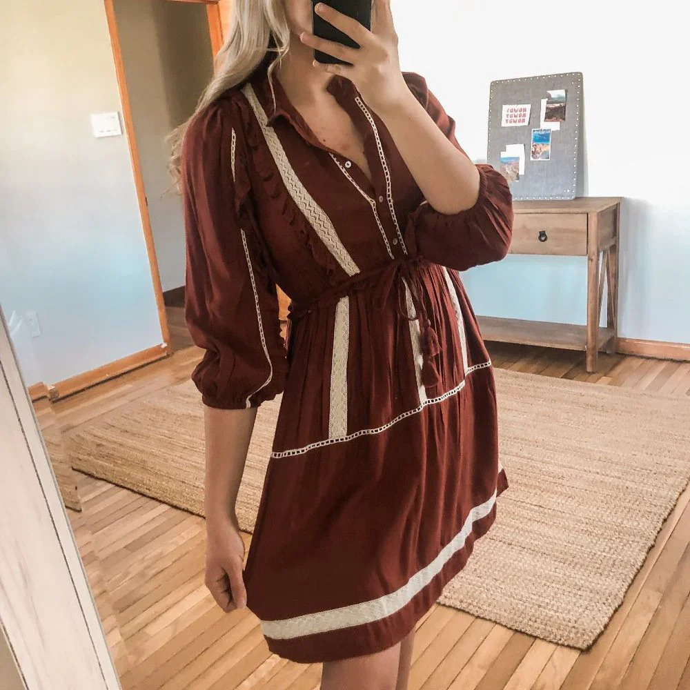 Bohme Ruffled Two Tone Trim Bohemian Button Down Long Sleeve Brown Mini Dress XS